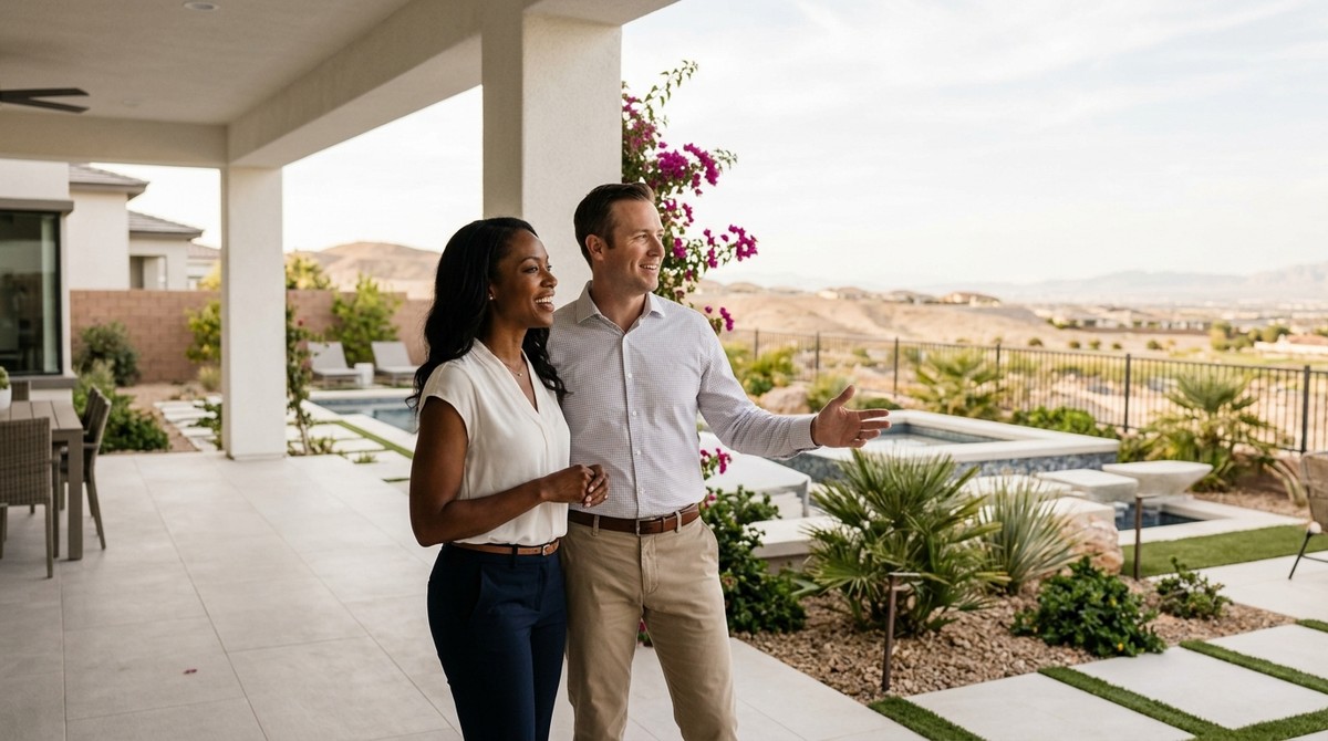 Smiling man and woman on a patio overlooking a pool, desert landscape, and distant Las Vegas homes.