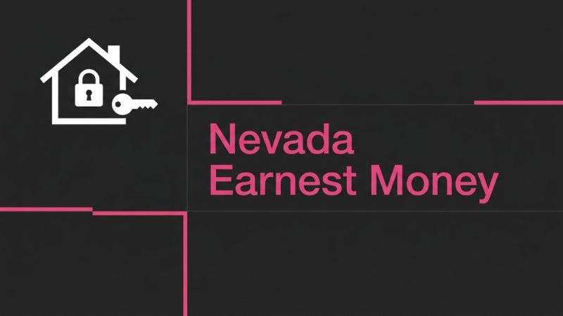 White house icon with a padlock and key, plus pink "Nevada Earnest Money" text on a dark gray background.