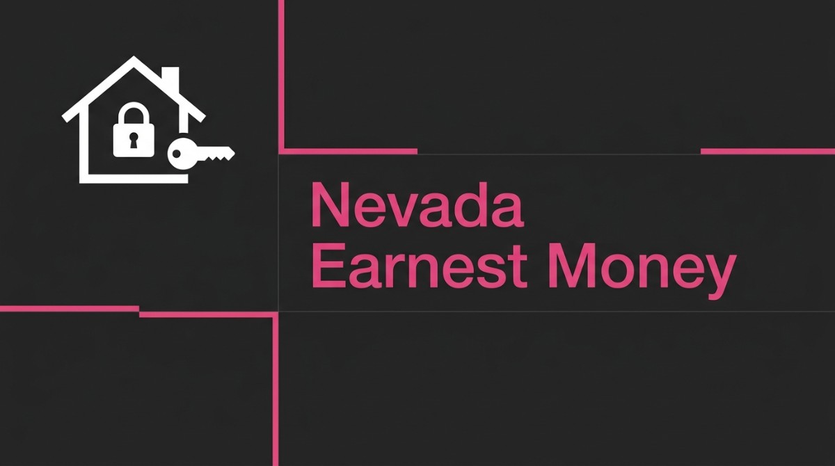 White house icon with a padlock and key, plus pink "Nevada Earnest Money" text on a dark gray background.