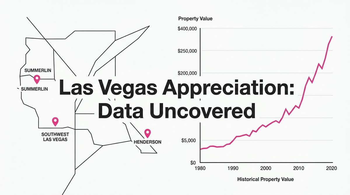 Map of Las Vegas neighborhoods with a graph showing historical property value appreciation from 1980 to 2020.