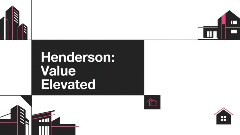 Black and pink abstract illustrations of buildings and houses. Text: "Henderson: Value Elevated.