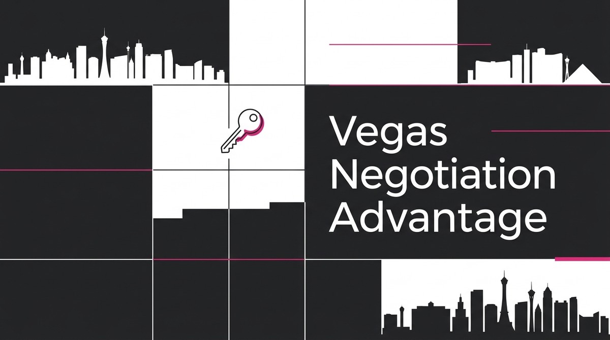 Black and white grid with Las Vegas skyline silhouettes, a key icon, and "Vegas Negotiation Advantage.