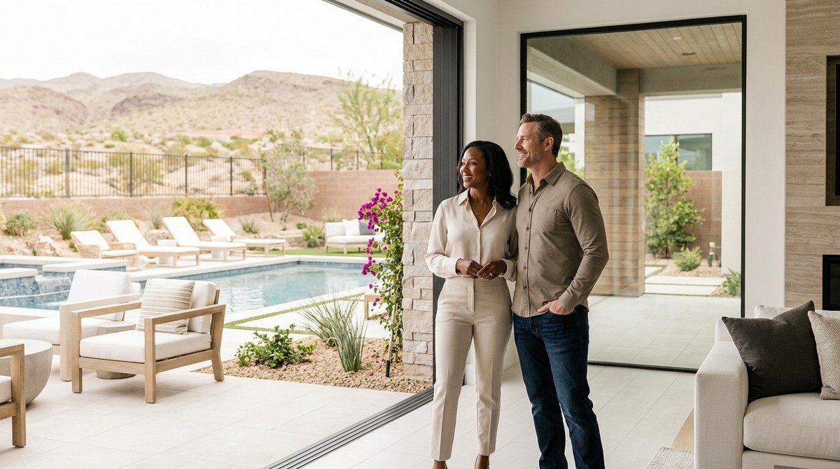 A smiling couple stands by large glass doors, looking out at a modern pool and desert mountains.