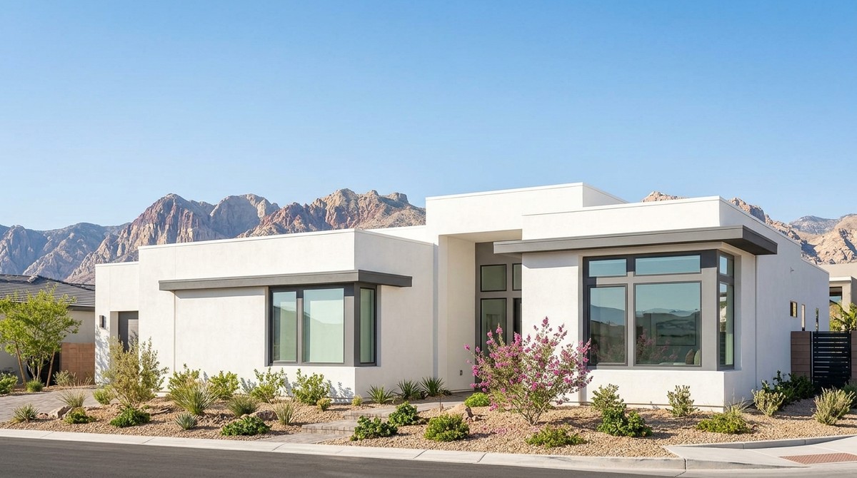 Modern white house with flat roof, large windows, desert landscaping, and mountains in the background.
