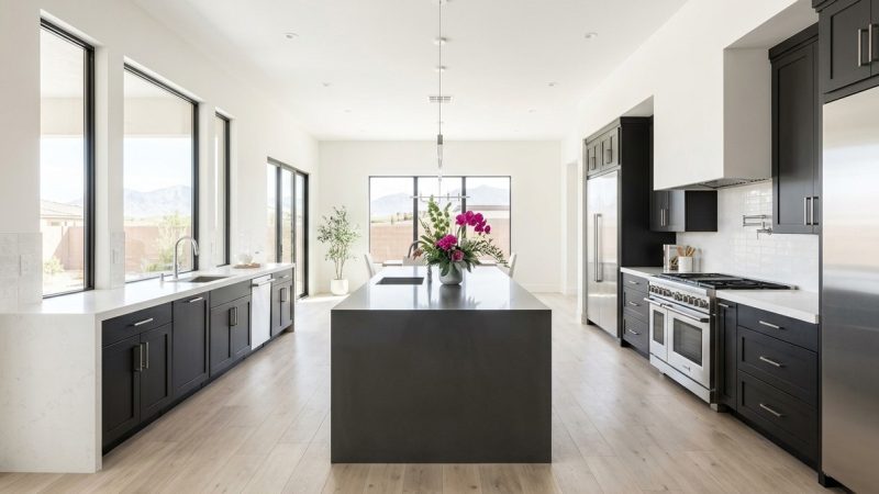 Modern kitchen with dark cabinets, white counters, and a large island with pink flowers.