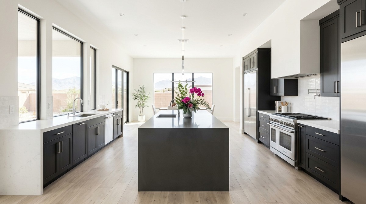 Modern kitchen with dark cabinets, white counters, and a large island with pink flowers.