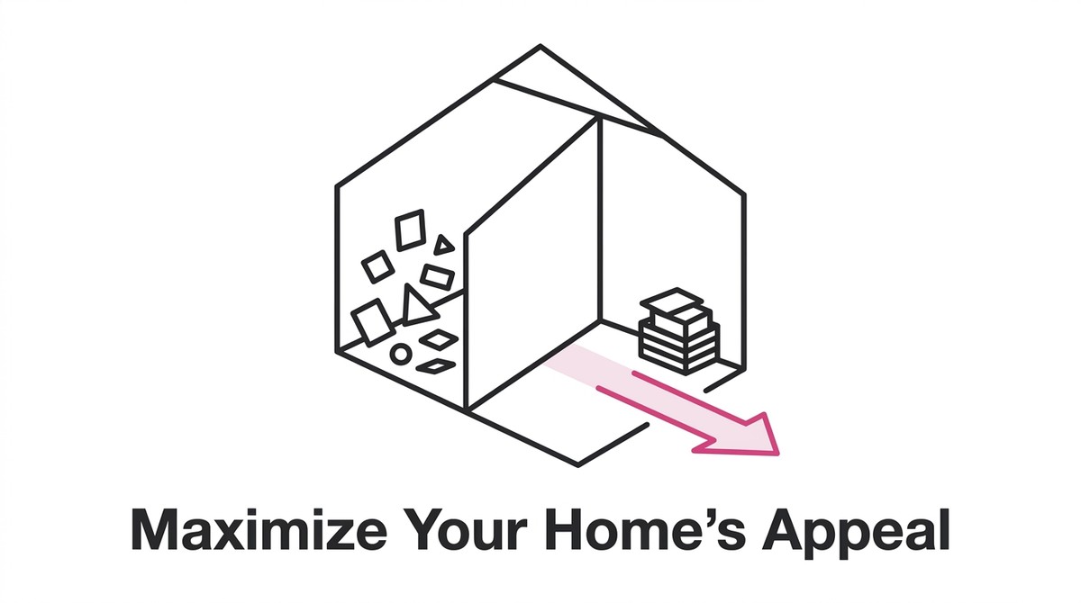 Outline of a house with clutter on the left and a stack of boxes on the right, with an arrow pointing out.
