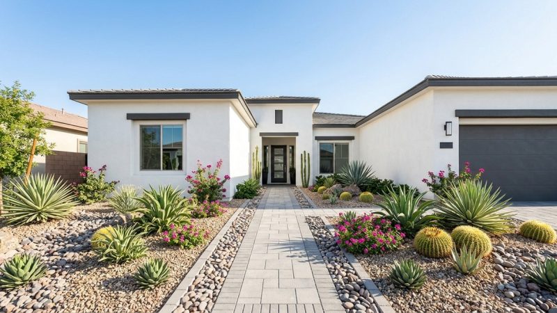 Modern white house with a paver walkway, surrounded by Vegas desert landscaping of cacti, agave, and pink flowers.