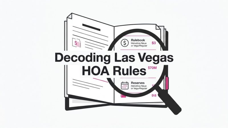 Magnifying glass over documents titled "Decoding Las Vegas HOA Rules," highlighting "Rulebook" and "Reserves.