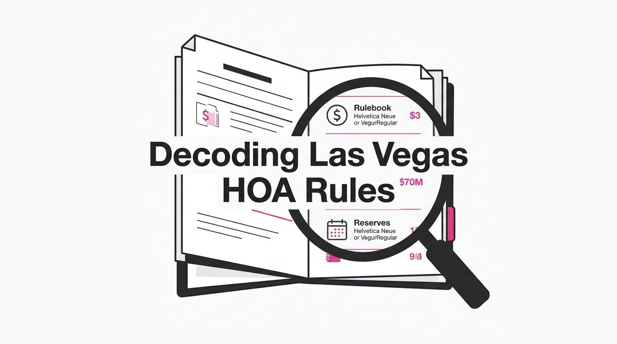 Magnifying glass over documents titled "Decoding Las Vegas HOA Rules," highlighting "Rulebook" and "Reserves.