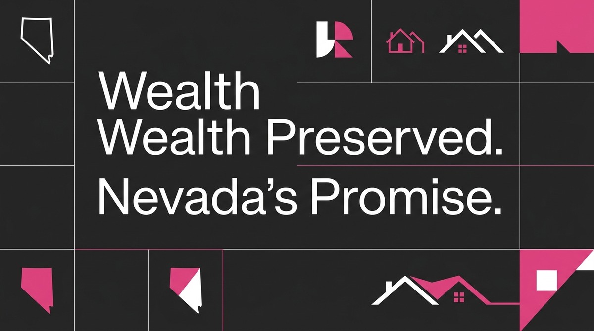 Black background with "Wealth Preserved. Nevada's Promise." in white text. Nevada map outlines and house icons.