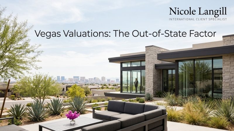 Modern Las Vegas home with a patio, outdoor seating, desert landscaping, and city skyline.