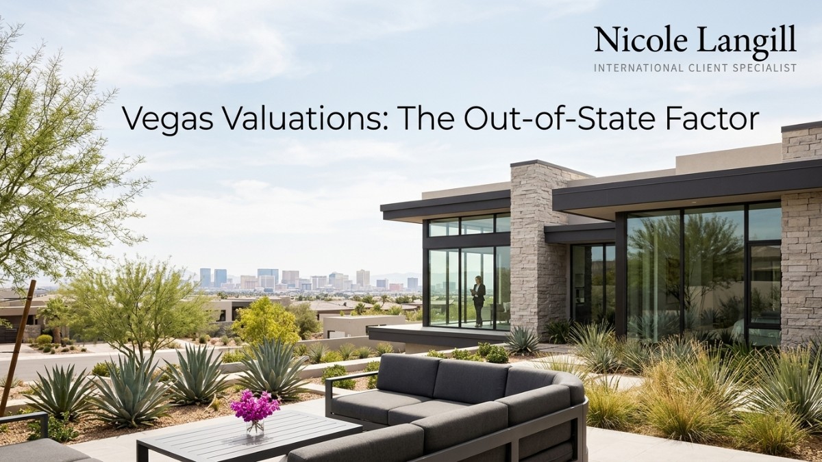 Modern Las Vegas home with a patio, outdoor seating, desert landscaping, and city skyline.