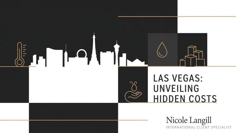 Black and white graphic with Las Vegas skyline, thermometer, water drop, ice cubes, and money in hands. Text: Las Vegas: Unve