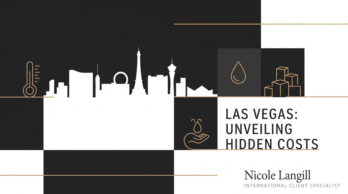 Black and white graphic with Las Vegas skyline, thermometer, water drop, ice cubes, and money in hands. Text: Las Vegas: Unve