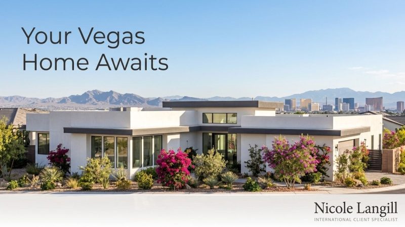 Modern white house with desert landscaping, mountains, and the Las Vegas skyline in the background.