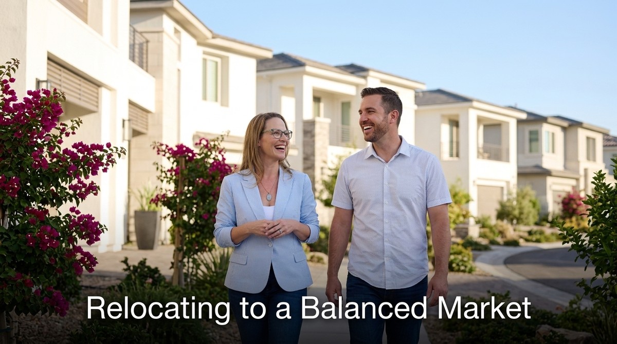 Smiling man and woman walking past modern homes with pink bougainvillea in the Las Vegas market 2026.