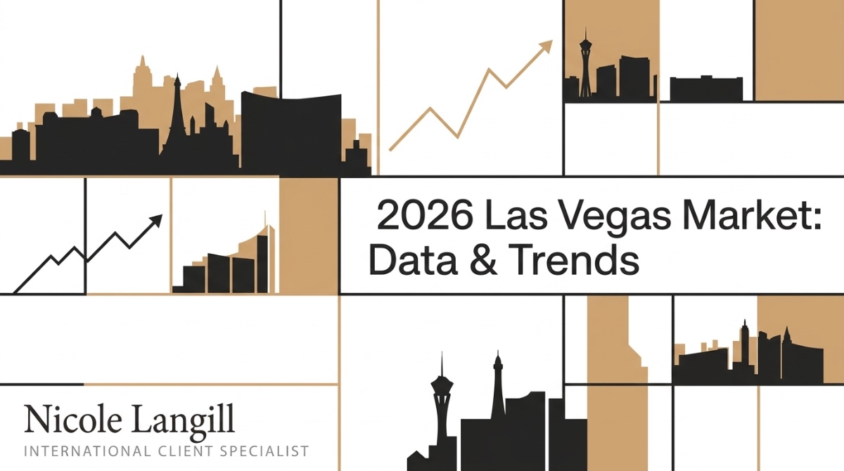 Las Vegas skyline silhouettes, upward trend arrows, and "2026 Las Vegas Market: Data & Trends" text.