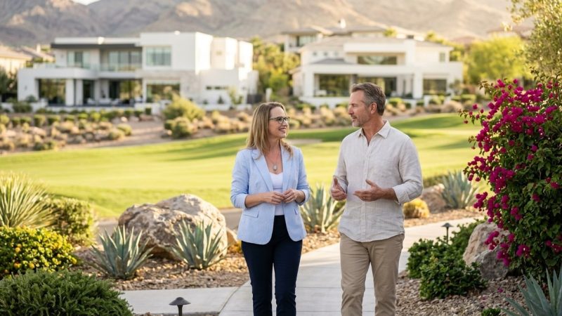 A man and woman walk and talk on a path in a Summerlin guard-gated community with luxury homes.