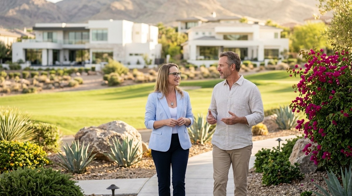 A man and woman walk and talk on a path in a Summerlin guard-gated community with luxury homes.
