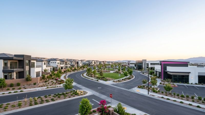 Modern homes and commercial buildings surround a green park and roundabout in a Las Vegas real estate economy.
