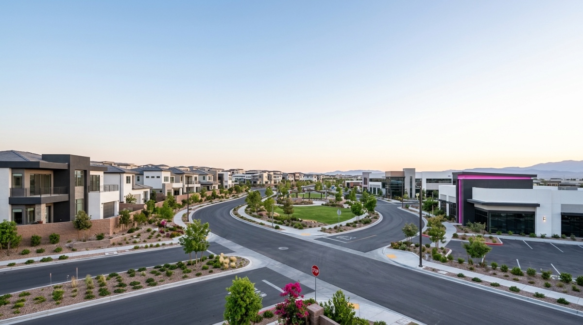 Modern homes and commercial buildings surround a green park and roundabout in a Las Vegas real estate economy.