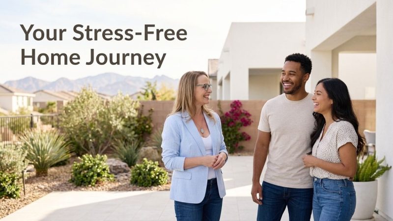 A real estate agent smiles while talking with a happy couple in a modern home's backyard.