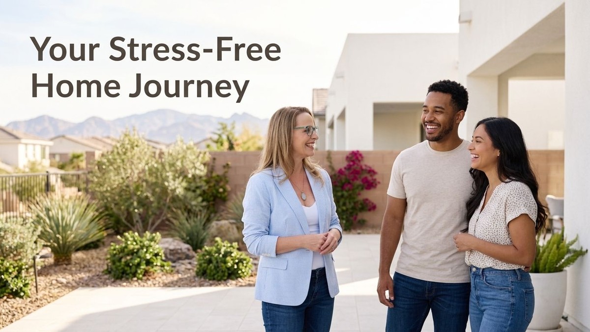 A real estate agent smiles while talking with a happy couple in a modern home's backyard.