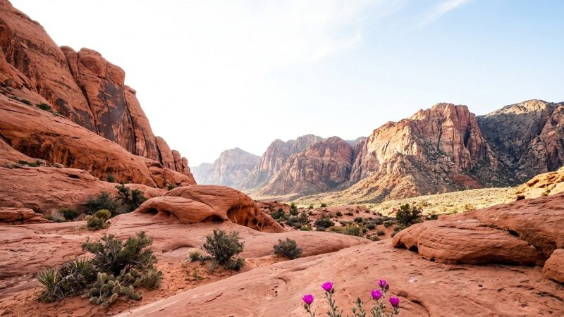 Red rock desert landscape with mountains, scrub brush, and purple flowers in the foreground, ideal for Las Vegas day trips.