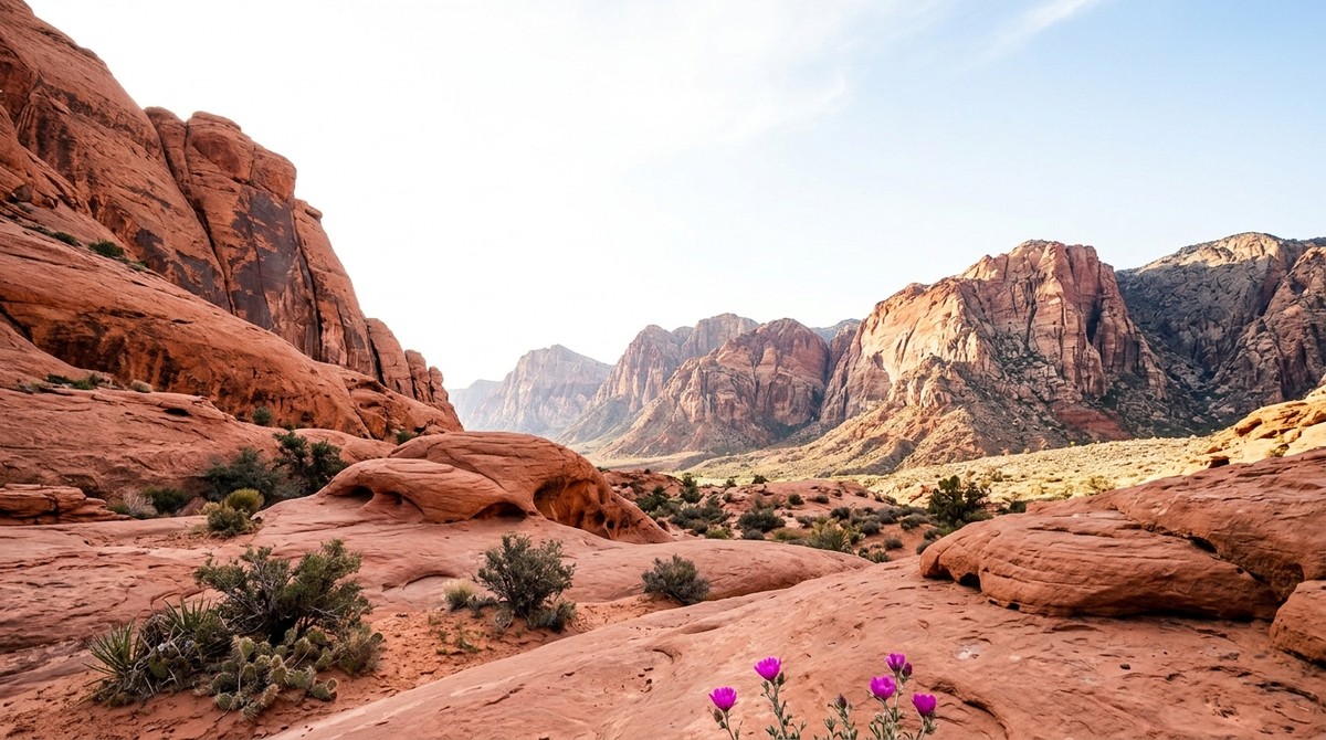 Red rock desert landscape with mountains, scrub brush, and purple flowers in the foreground, ideal for Las Vegas day trips.