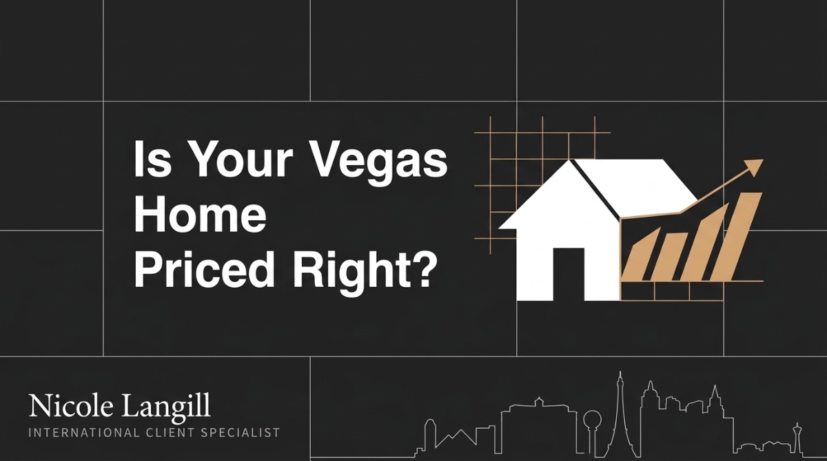 Is Your Vegas Home Priced Right?" text, a house icon, and an upward trending bar graph.