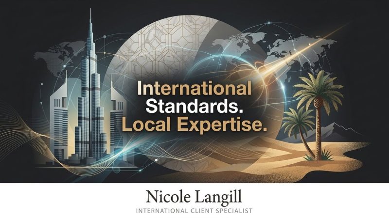Stylized image of skyscrapers, palm trees, and a world map, with text: "International Standards. Local Expertise.