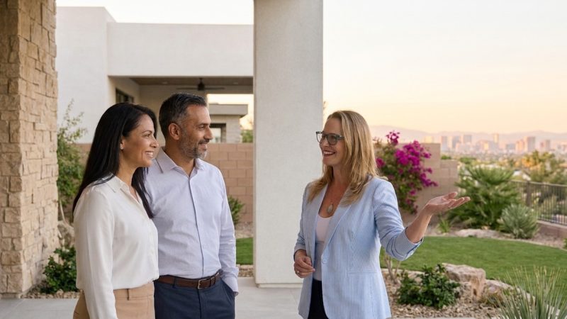 A realtor shows a couple a modern home with a Las Vegas skyline view at sunset.
