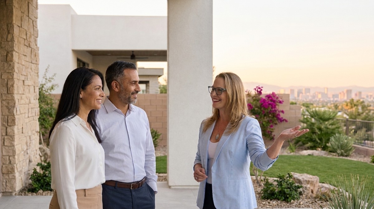 A realtor shows a couple a modern home with a Las Vegas skyline view at sunset.