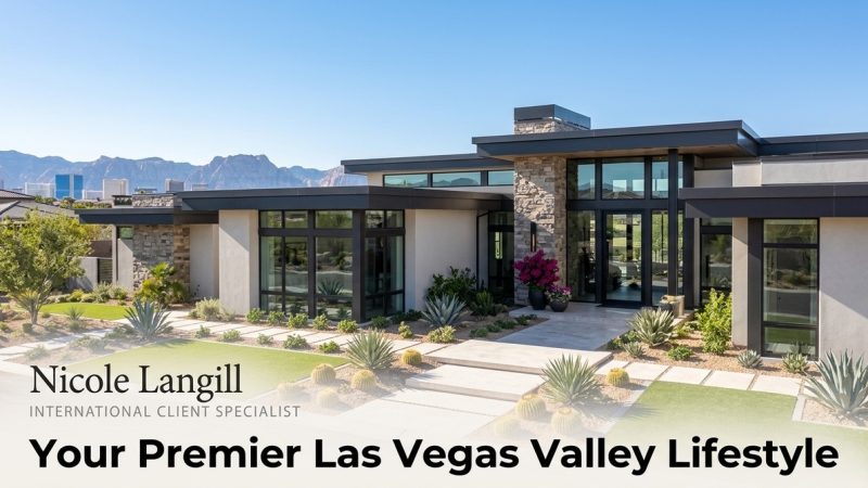 Modern Las Vegas valley lifestyle home with desert landscaping, mountains, and city buildings in the background.