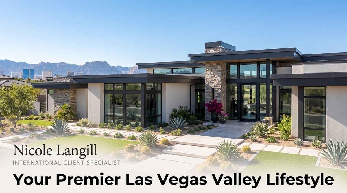 Modern Las Vegas valley lifestyle home with desert landscaping, mountains, and city buildings in the background.