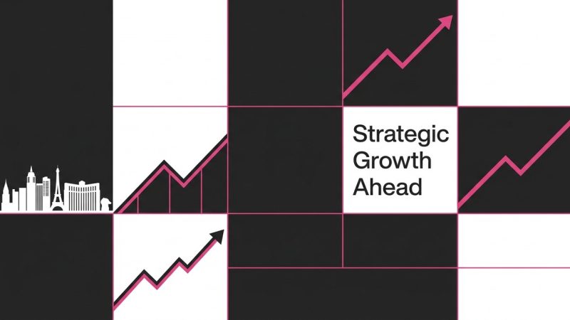 A grid of black and white squares. White Las Vegas skyline, pink upward trend lines, "Strategic Growth Ahead.