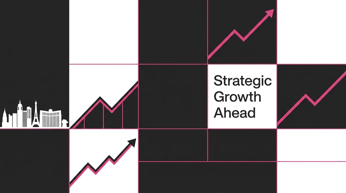 A grid of black and white squares. White Las Vegas skyline, pink upward trend lines, "Strategic Growth Ahead.