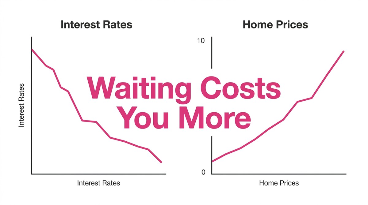 Two graphs show interest rates decreasing and home prices increasing, with "Waiting Costs You More" overlaid.