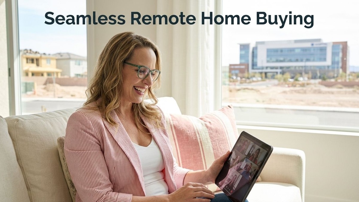 Smiling woman on a sofa using a tablet for a video call, with a hospital and houses visible outside.