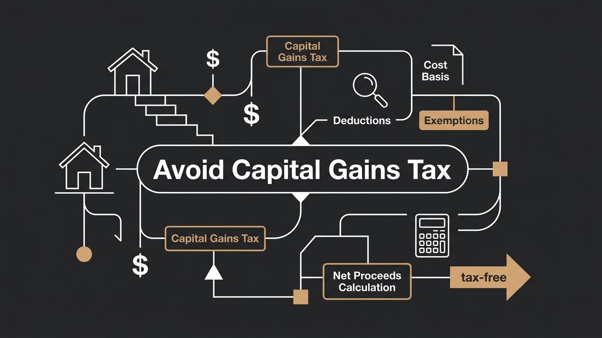 SIMPLIFY HOME SALE TAXES" in white over a dark maze with financial icons and a golden path.