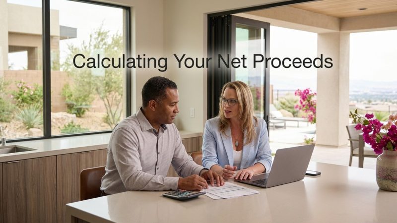 A man and woman review documents and a calculator at a table in a modern Nevada home.