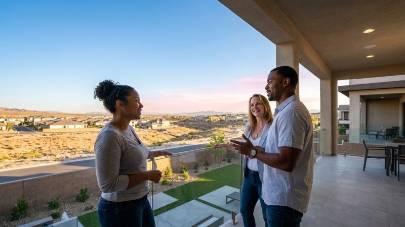 Three people converse on a modern balcony overlooking a Southern Nevada real estate development at sunset.