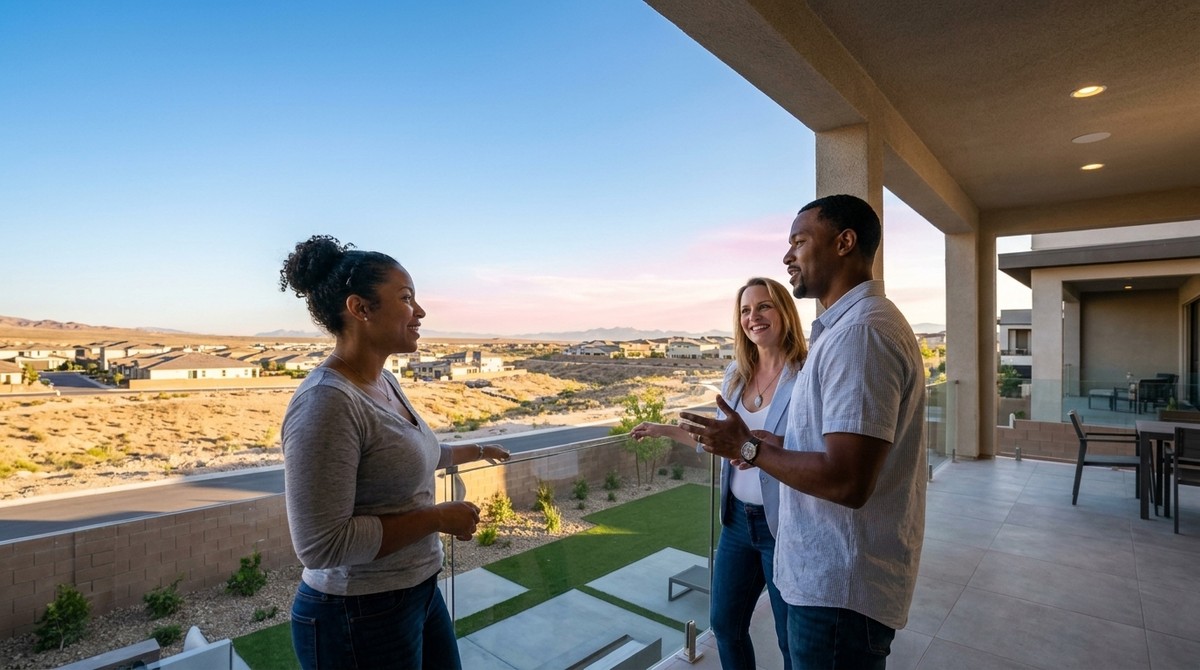 Three people converse on a modern balcony overlooking a Southern Nevada real estate development at sunset.
